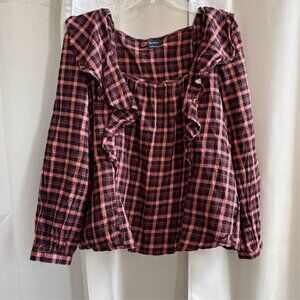 Indigo Poppy Women Top Large Western Plaid Ruffle Grunge Boho Milkmaid Y2K 18502